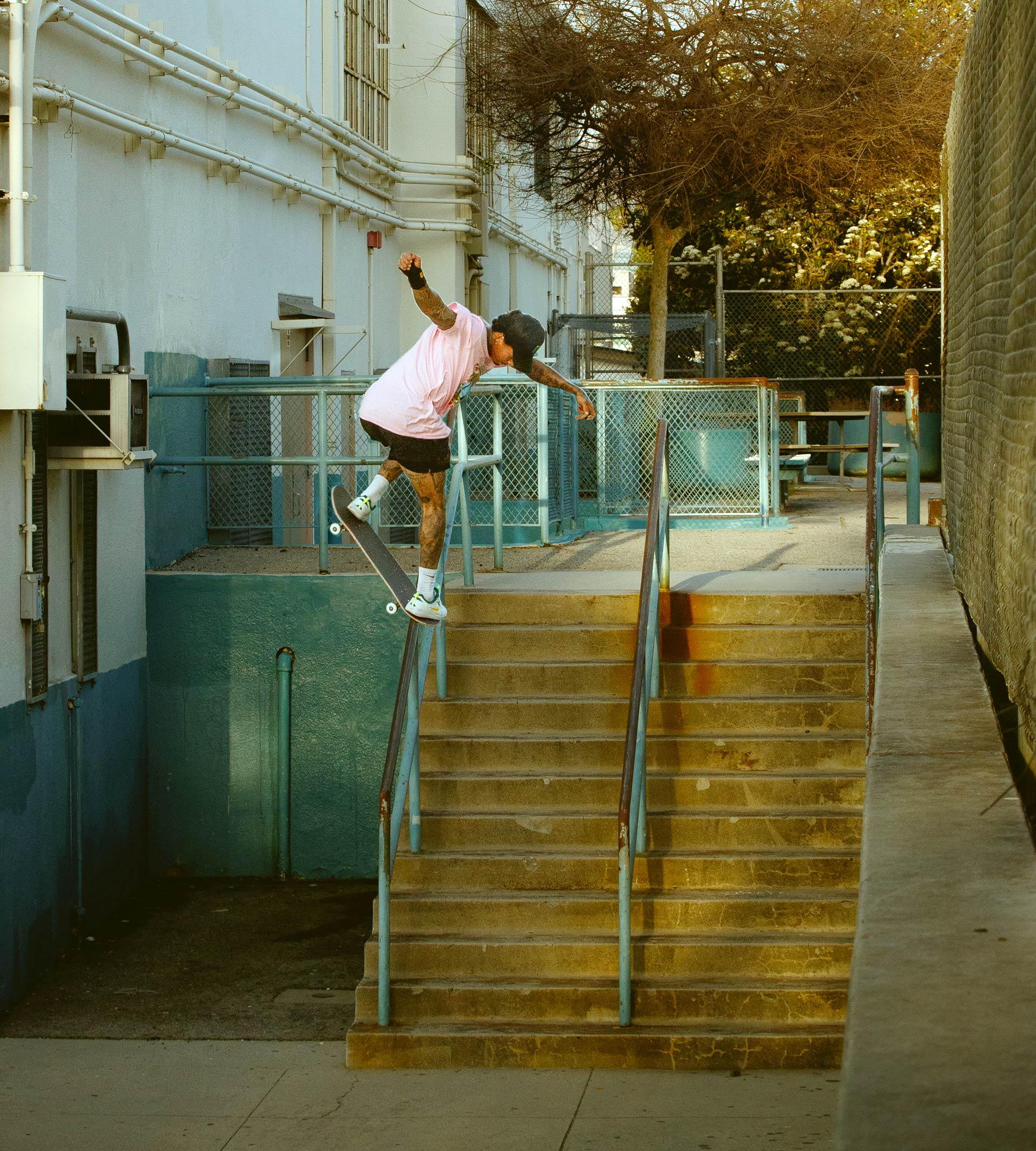 Skateboarder grinding a rail